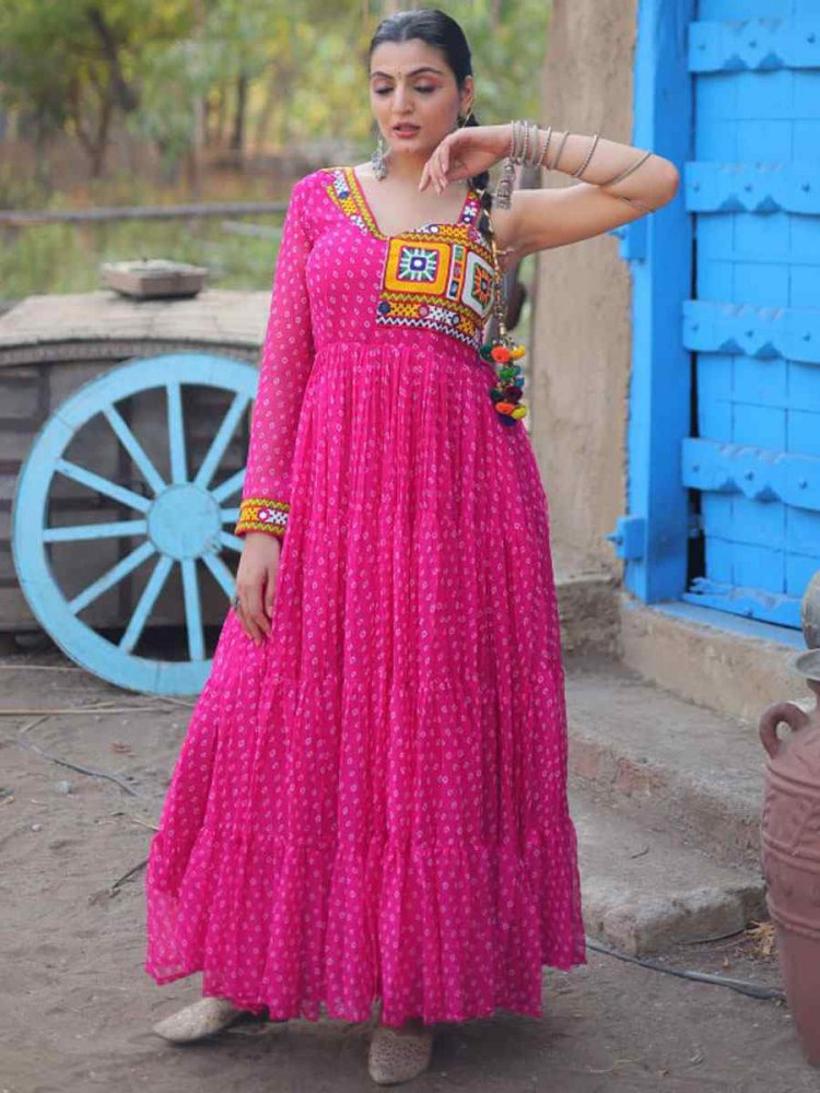 Pink Faux Georgette Printed Festival Casual Gown