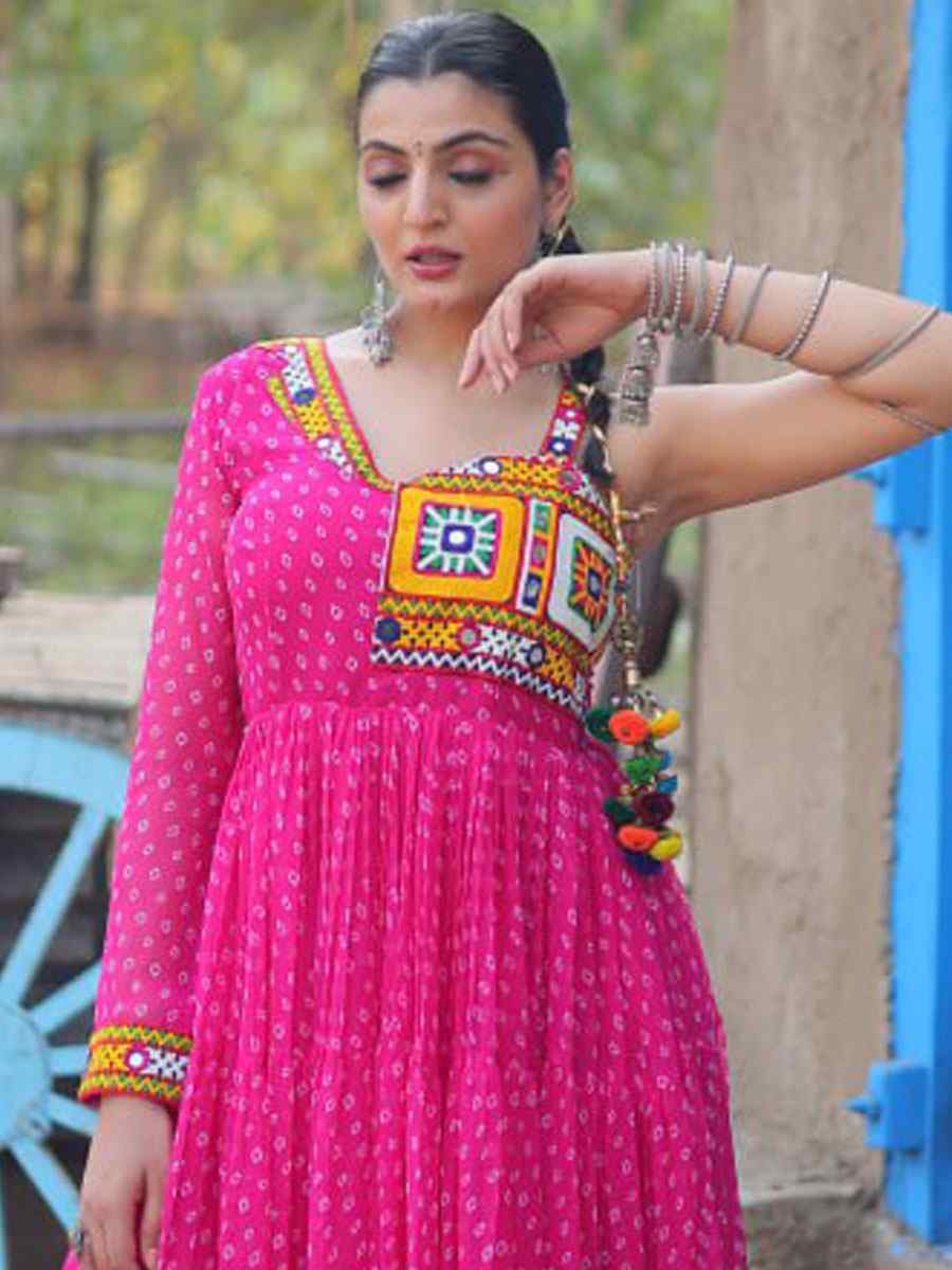 Pink Faux Georgette Printed Festival Casual Gown