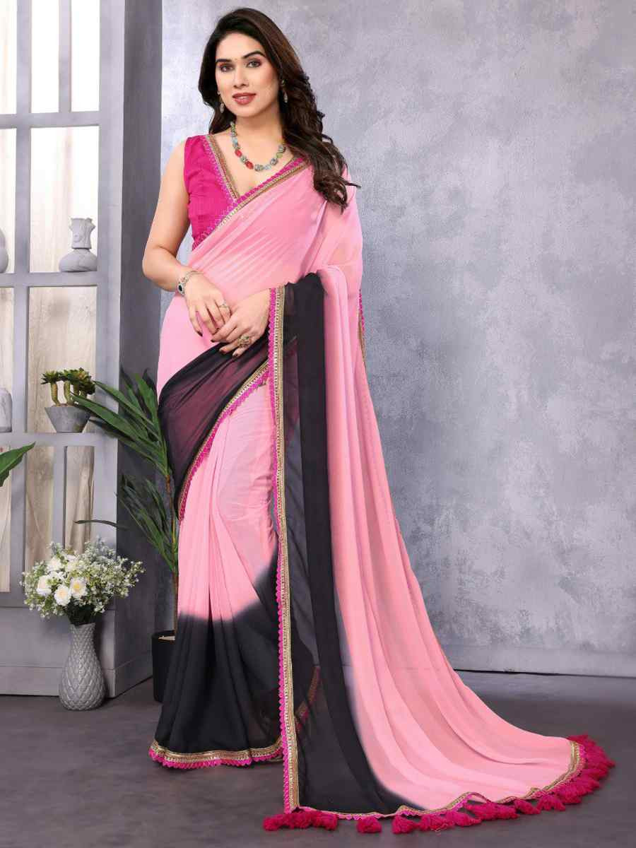 Pink Faux Peding Georgette Handwoven Festival Wedding Heavy Border Saree