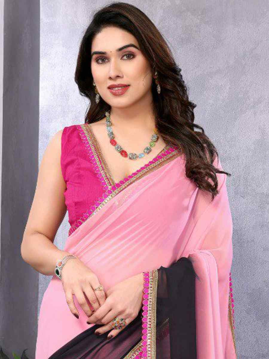 Pink Faux Peding Georgette Handwoven Festival Wedding Heavy Border Saree