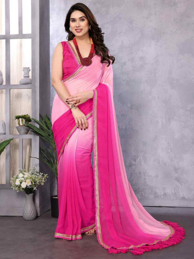 Pink Faux Peding Georgette Handwoven Festival Wedding Heavy Border Saree