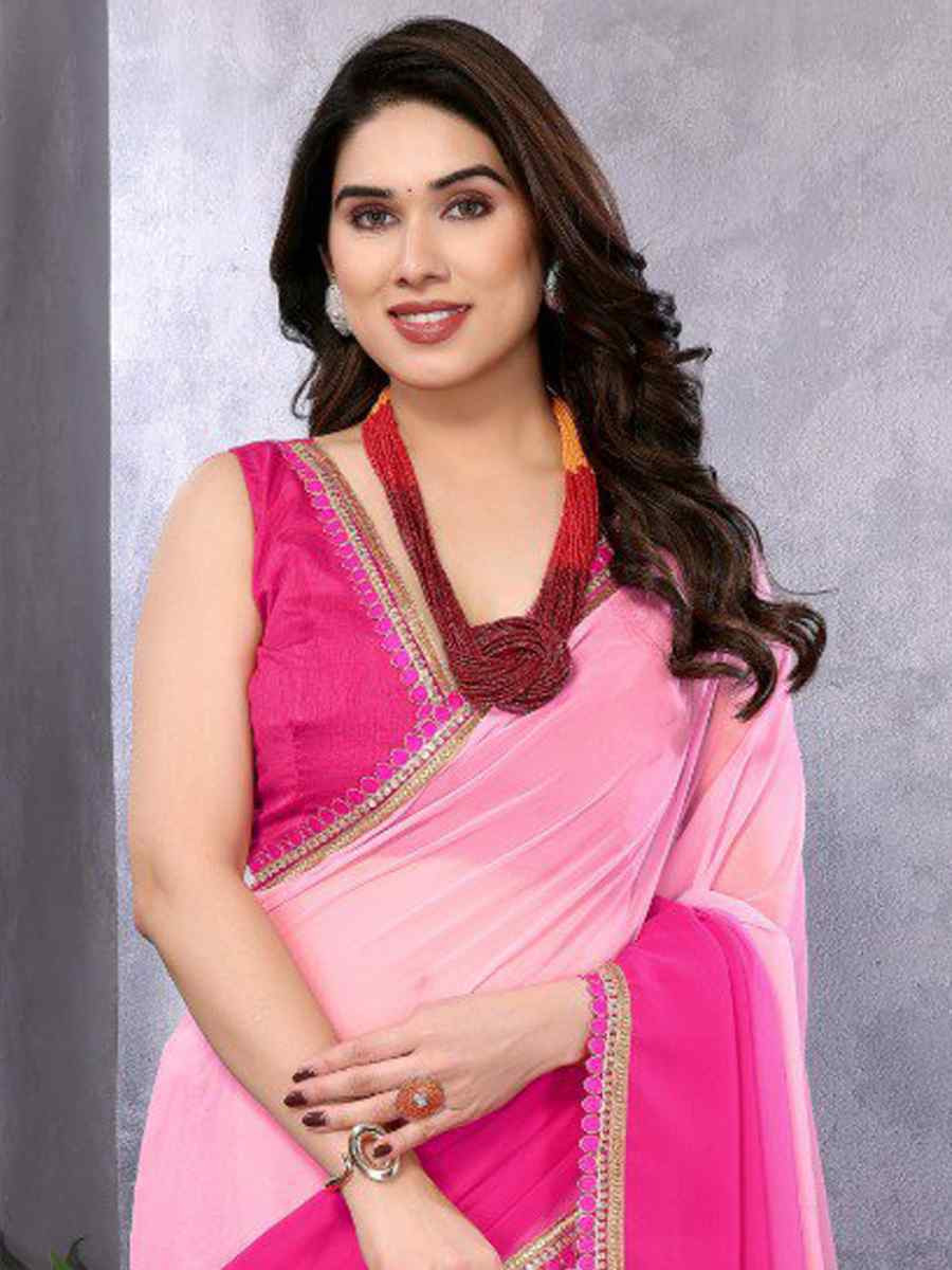 Pink Faux Peding Georgette Handwoven Festival Wedding Heavy Border Saree