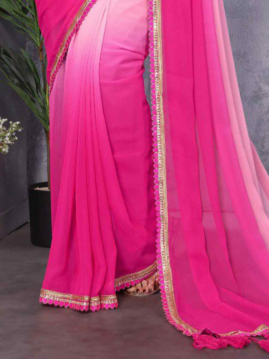 Pink Faux Peding Georgette Handwoven Festival Wedding Heavy Border Saree