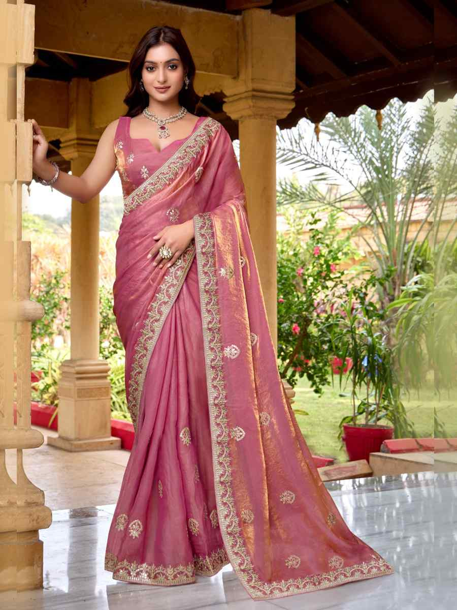 Pink Fendi Chiffon Embroidered Casual Festival Wedding Heavy Border Saree