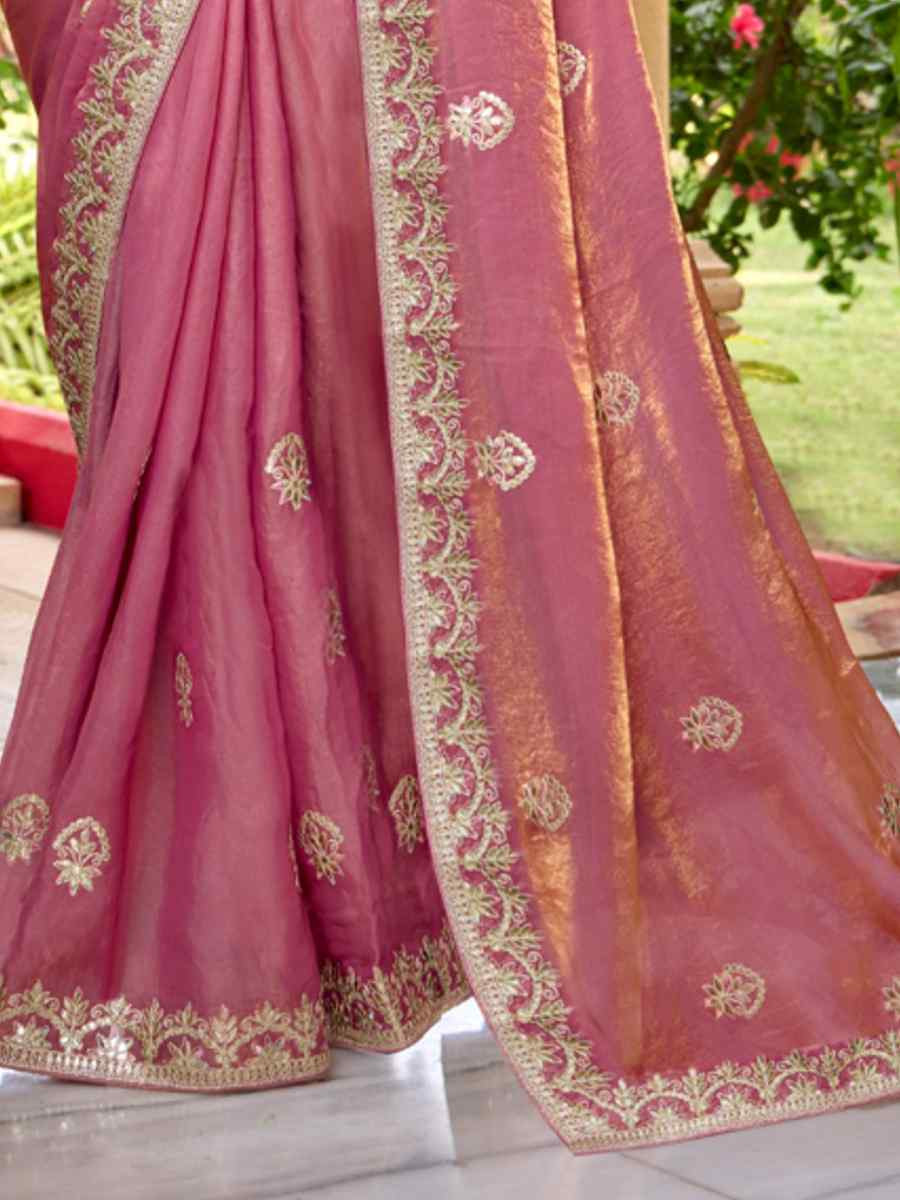 Pink Fendi Chiffon Embroidered Casual Festival Wedding Heavy Border Saree