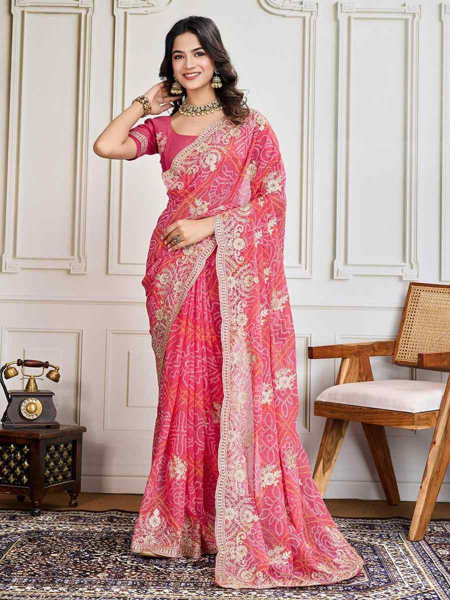 Pink Georgette Bandhej Embroidered Bridesmaid Reception Heavy Border Saree