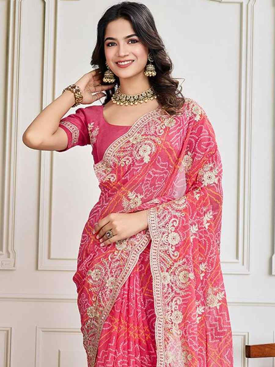 Pink Georgette Bandhej Embroidered Bridesmaid Reception Heavy Border Saree