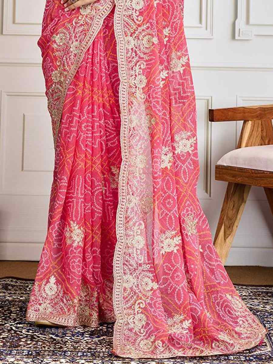 Pink Georgette Bandhej Embroidered Bridesmaid Reception Heavy Border Saree