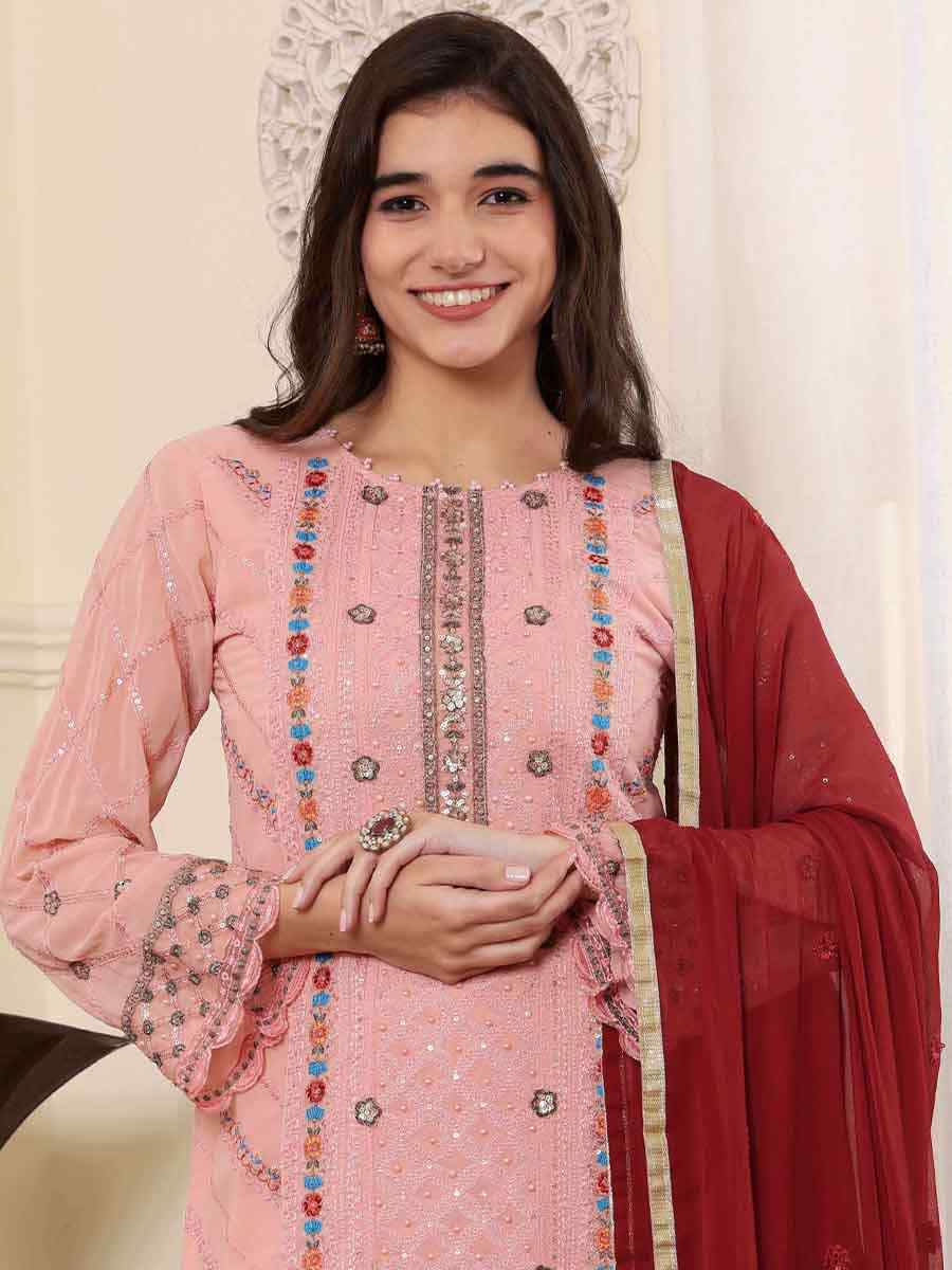 Pink Georgette Embroidered Festival Casual Pant Salwar Kameez