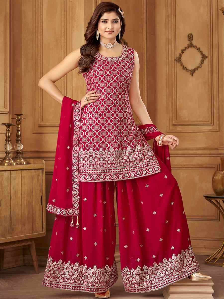 Pink Georgette Embroidered Festival Casual Ready Palazzo Pant Salwar Kameez