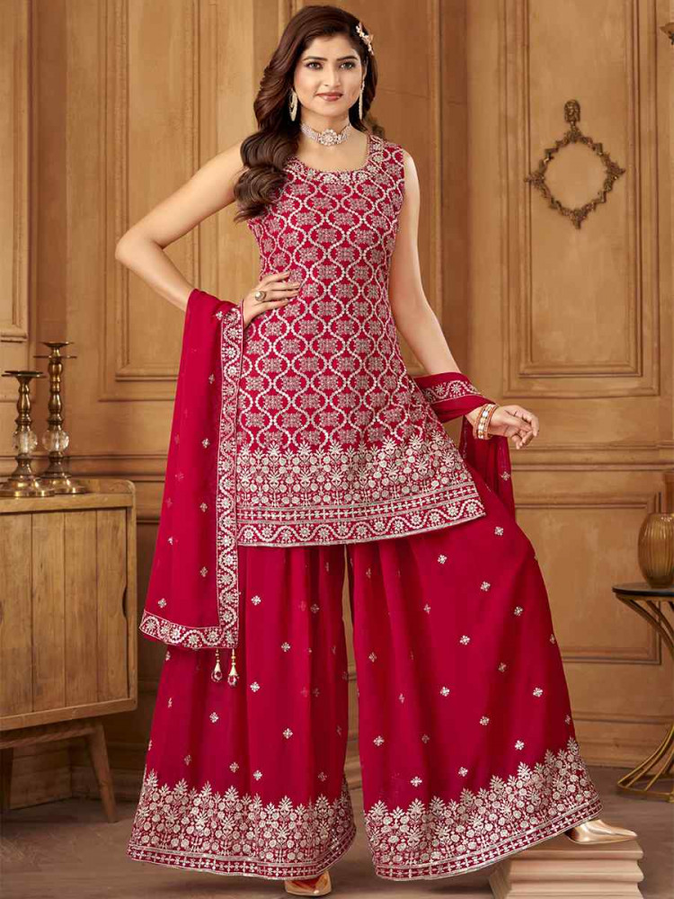 Pink Georgette Embroidered Festival Casual Ready Palazzo Pant Salwar Kameez