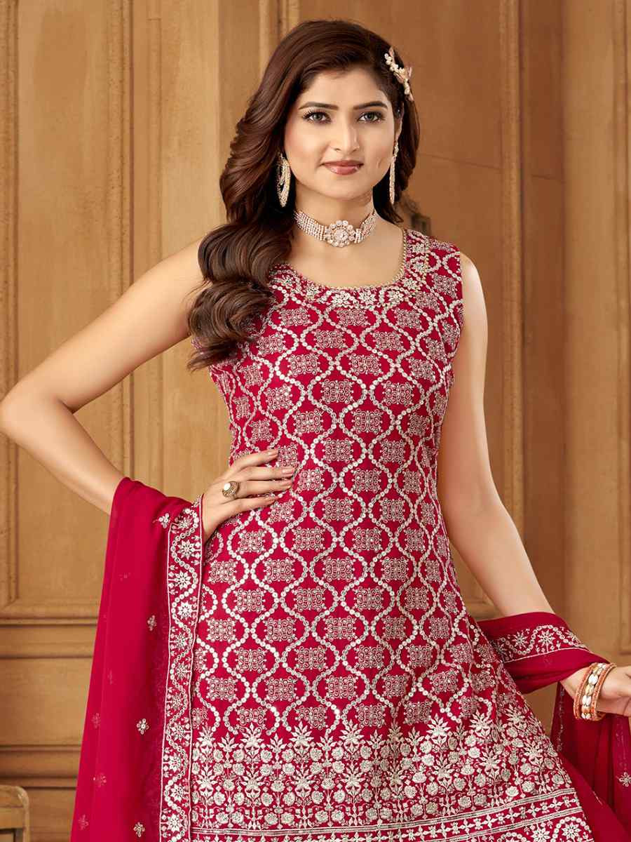 Pink Georgette Embroidered Festival Casual Ready Palazzo Pant Salwar Kameez