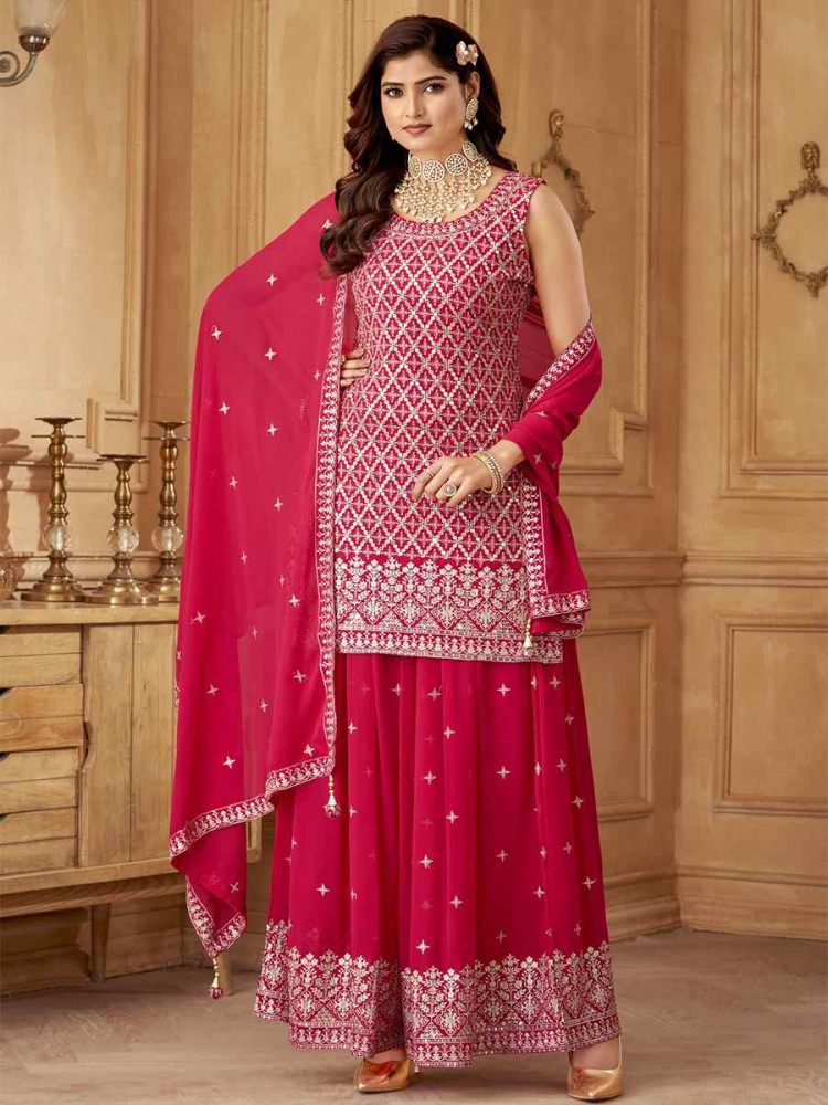 Pink Georgette Embroidered Festival Casual Ready Palazzo Pant Salwar Kameez