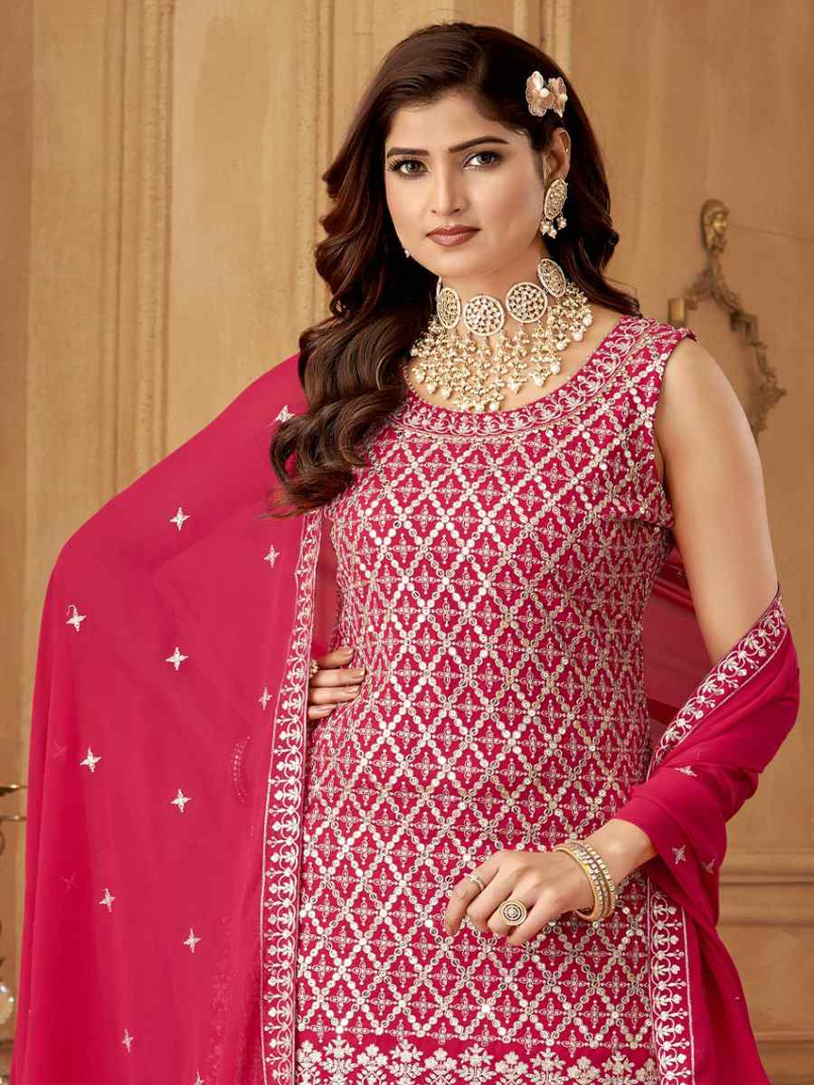 Pink Georgette Embroidered Festival Casual Ready Palazzo Pant Salwar Kameez