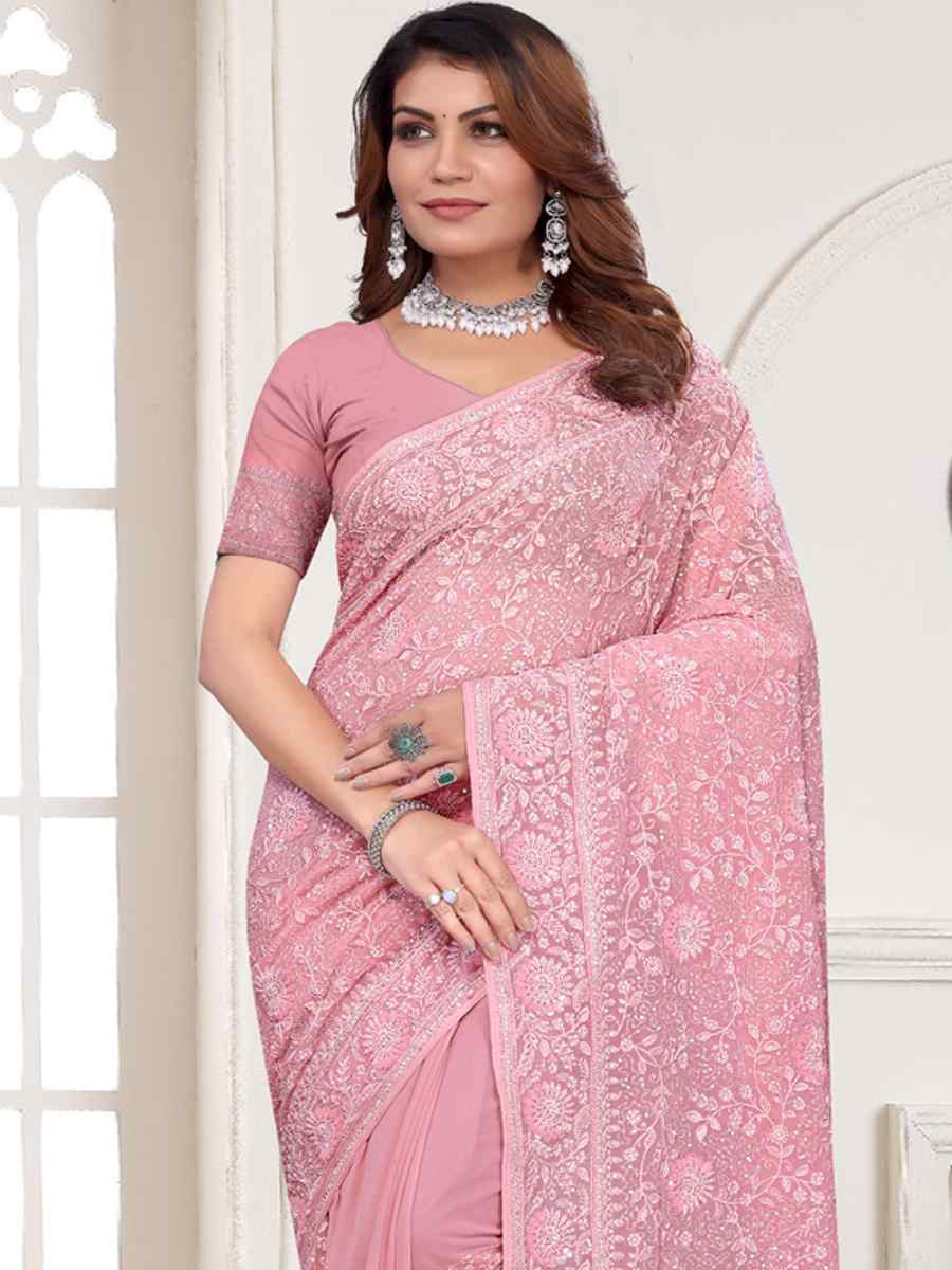 Pink Georgette Embroidered Festival Wedding Fancy Heavy Border Saree