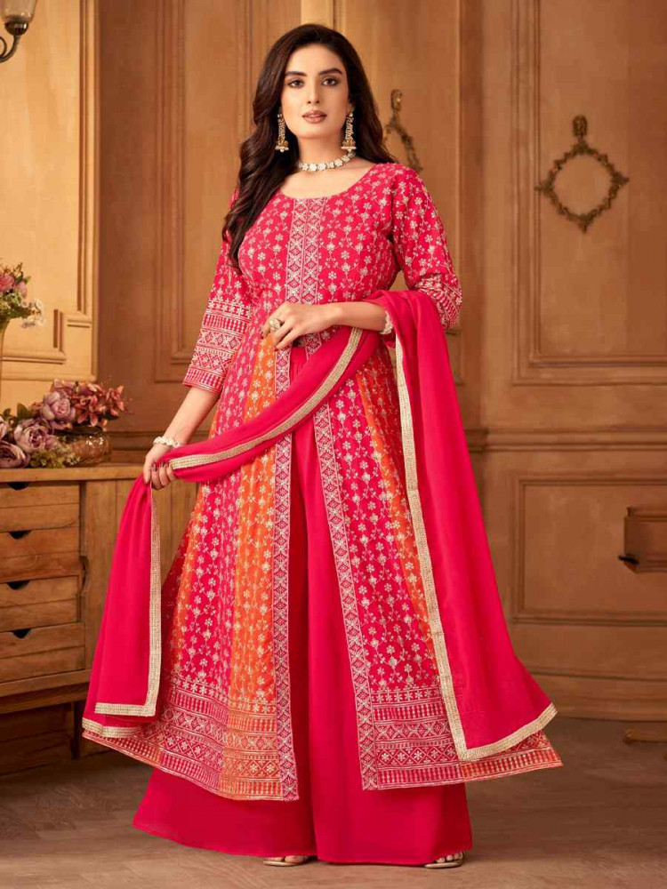 Pink Georgette Embroidered Festival Wedding Ready Palazzo Pant Salwar Kameez