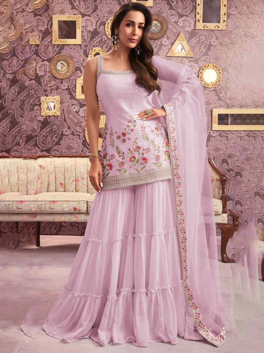 Pink Georgette Embroidered Festival Wedding Ready Sharara Pant Salwar Kameez