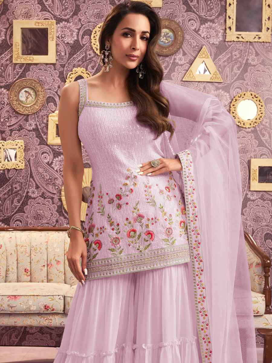 Pink Georgette Embroidered Festival Wedding Ready Sharara Pant Salwar Kameez