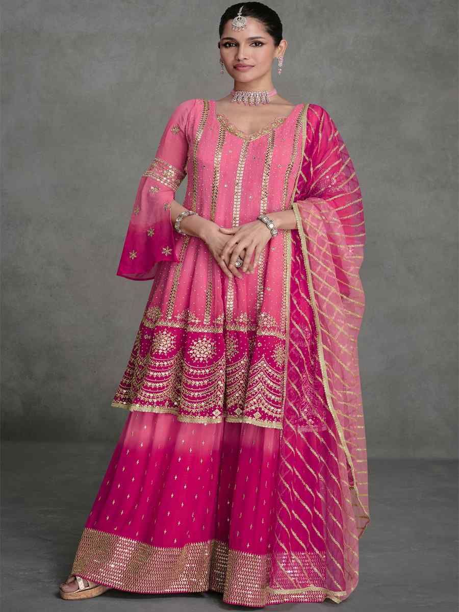 Pink Georgette Embroidered Festival Wedding Sharara Pant Salwar Kameez