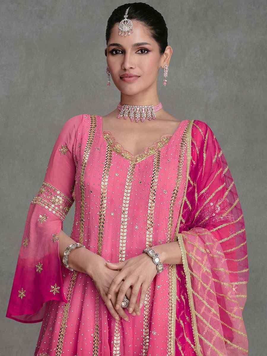 Pink Georgette Embroidered Festival Wedding Sharara Pant Salwar Kameez