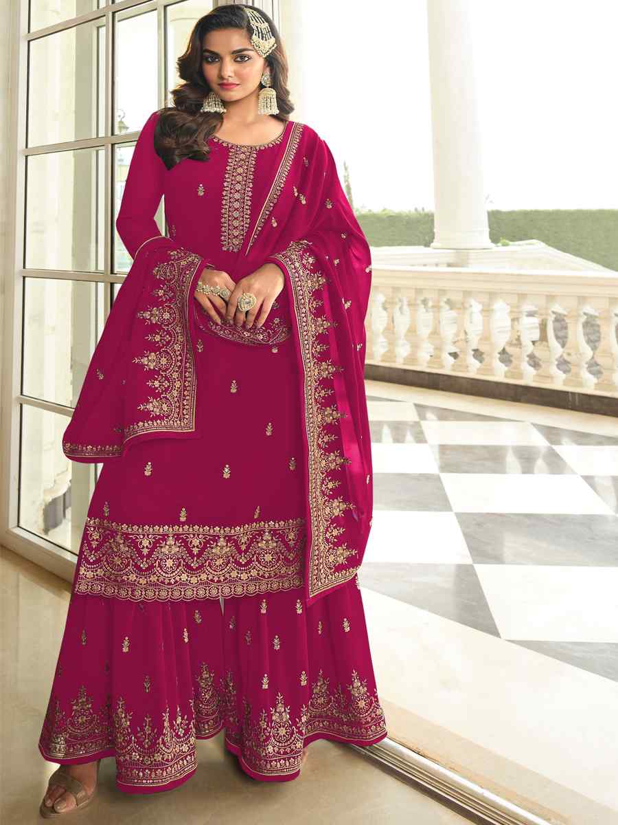 Pink Georgette Embroidered Festival Wedding Sharara Pant Salwar Kameez