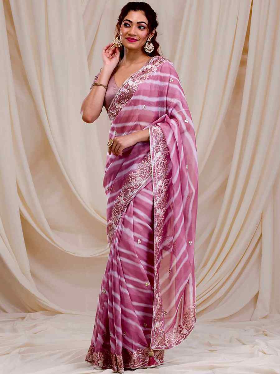 Pink Georgette Embroidered Party Festival Heavy Border Saree