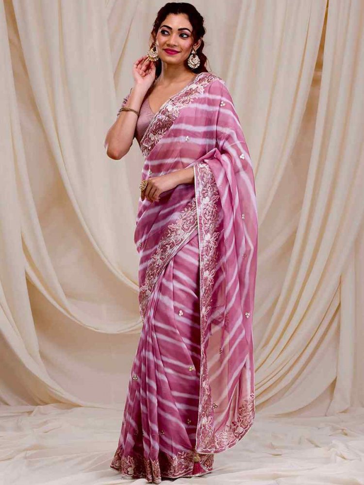 Pink Georgette Embroidered Party Festival Heavy Border Saree