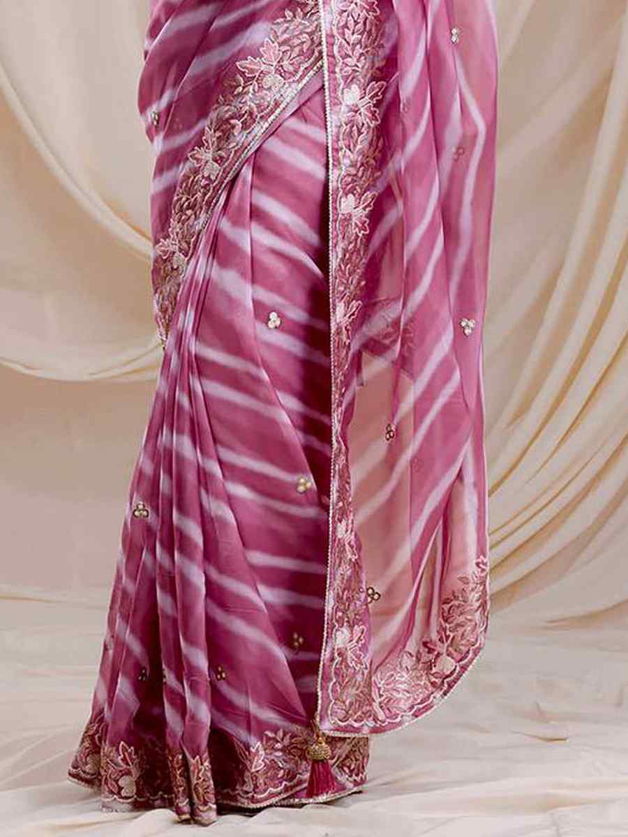 Pink Georgette Embroidered Party Festival Heavy Border Saree