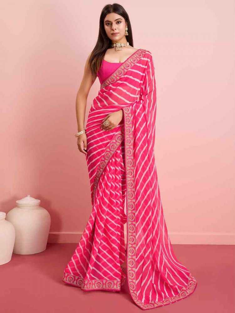 Pink Georgette Embroidered Party Reception Heavy Border Saree