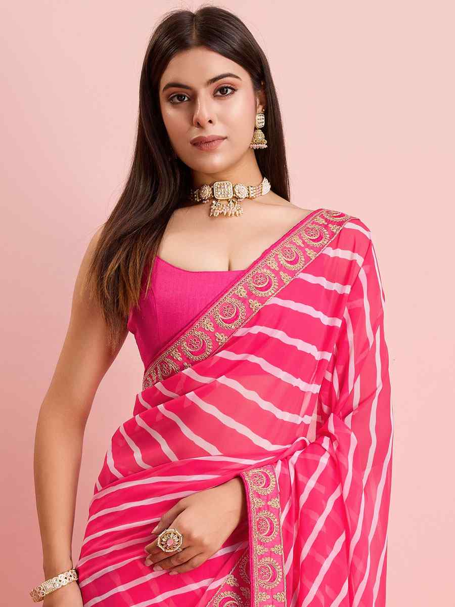 Pink Georgette Embroidered Party Reception Heavy Border Saree