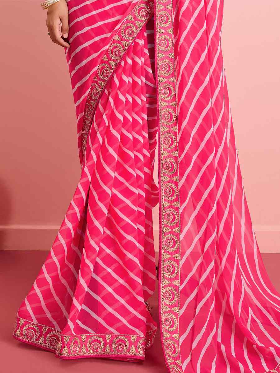 Pink Georgette Embroidered Party Reception Heavy Border Saree