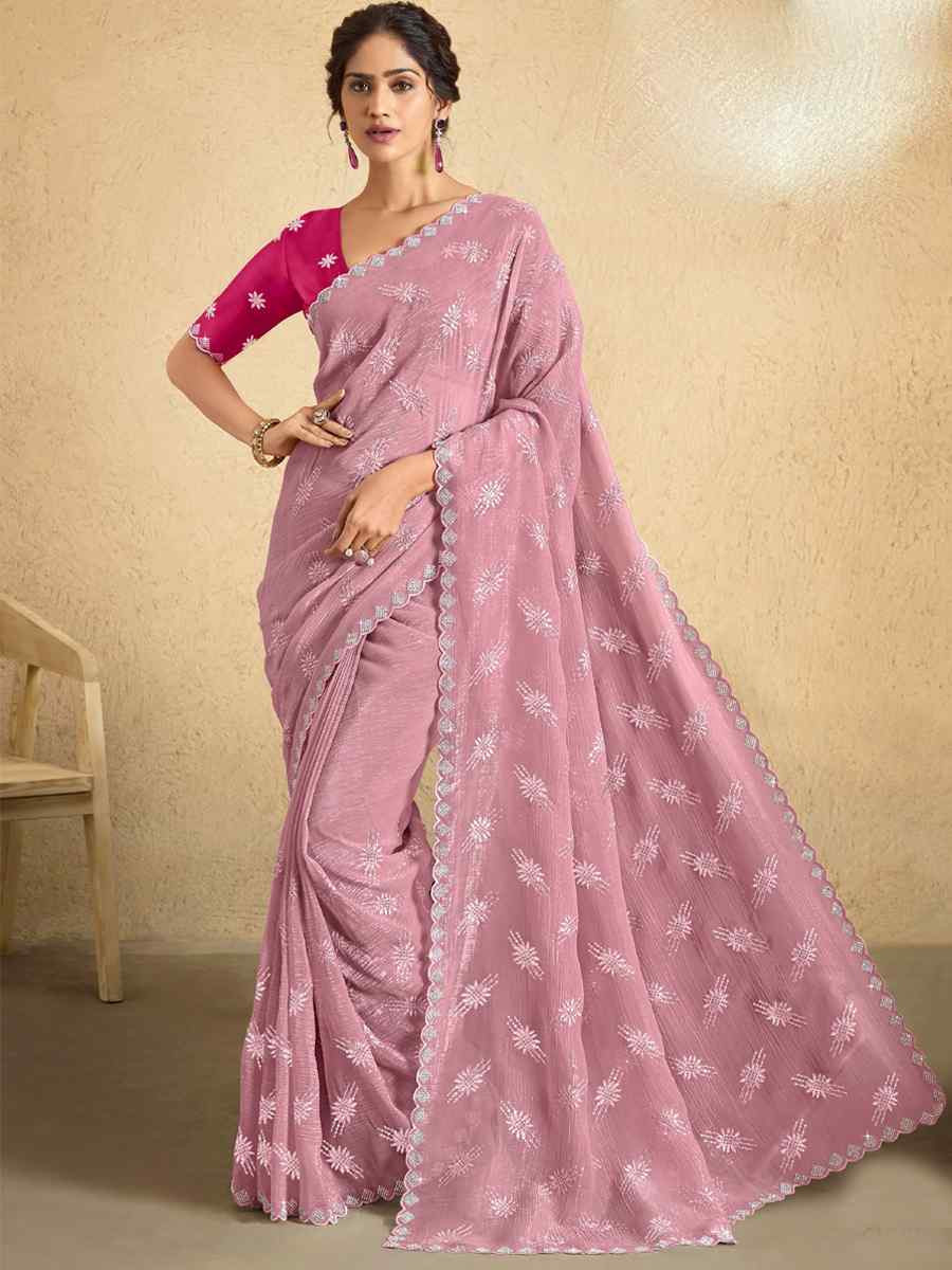 Pink Georgette Embroidered Reception Party Heavy Border Saree