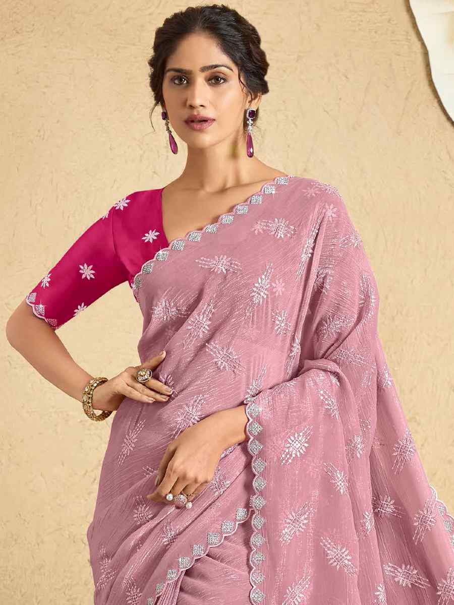 Pink Georgette Embroidered Reception Party Heavy Border Saree