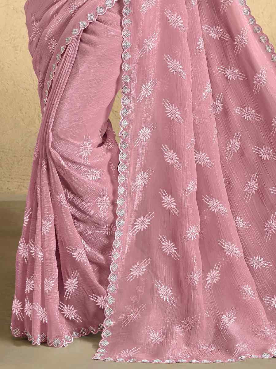 Pink Georgette Embroidered Reception Party Heavy Border Saree