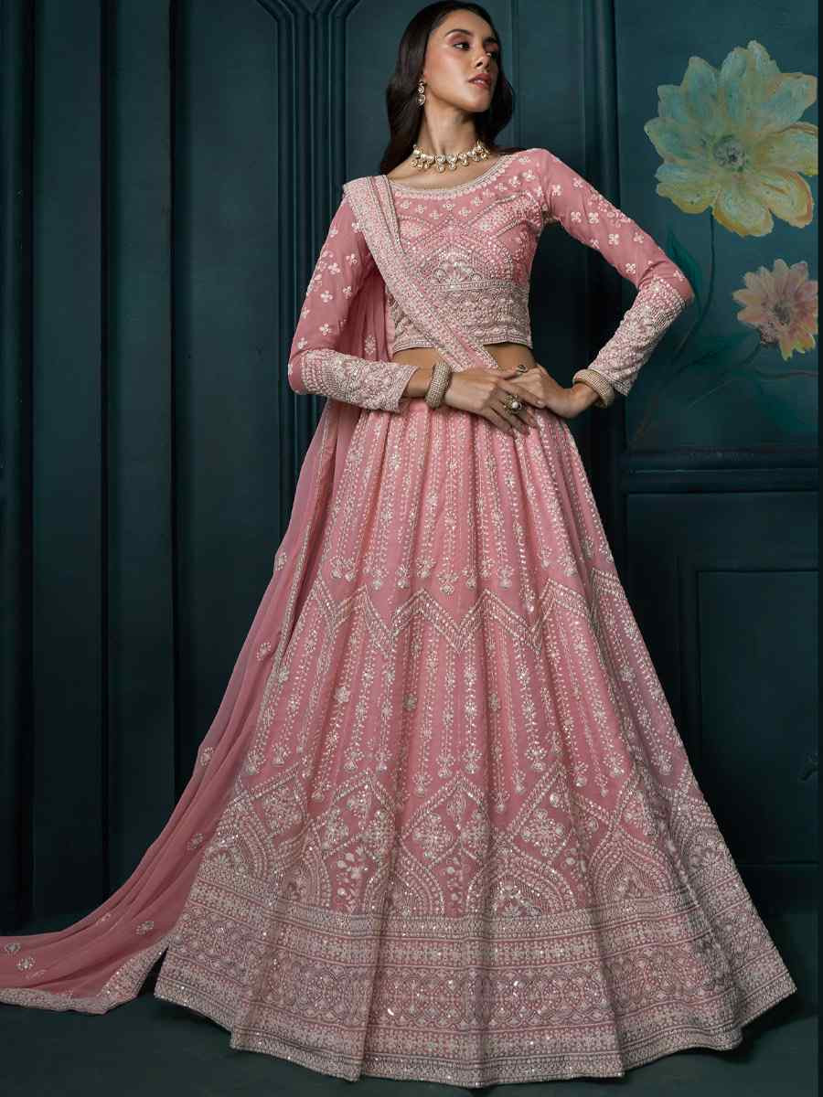 Pink Georgette Embroidered Wedding Festival Heavy Border Lehenga Choli