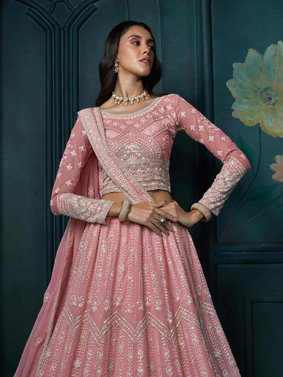 Pink Georgette Embroidered Wedding Festival Heavy Border Lehenga Choli