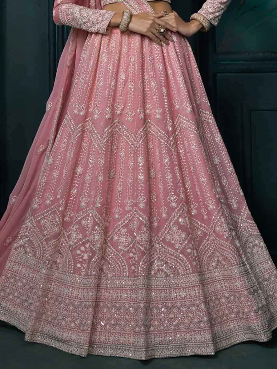 Pink Georgette Embroidered Wedding Festival Heavy Border Lehenga Choli