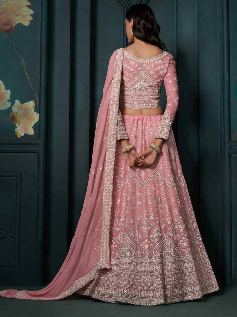 Pink Georgette Embroidered Wedding Festival Heavy Border Lehenga Choli