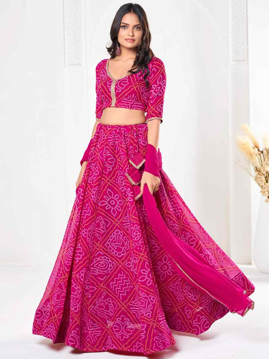 Pink Georgette Embroidered Wedding Party Wear Heavy Border Lehenga Choli