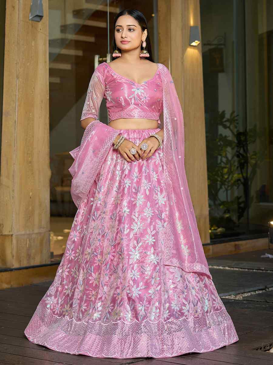 Pink Georgette Embroidered Wedding Party Wear Heavy Border Lehenga Choli