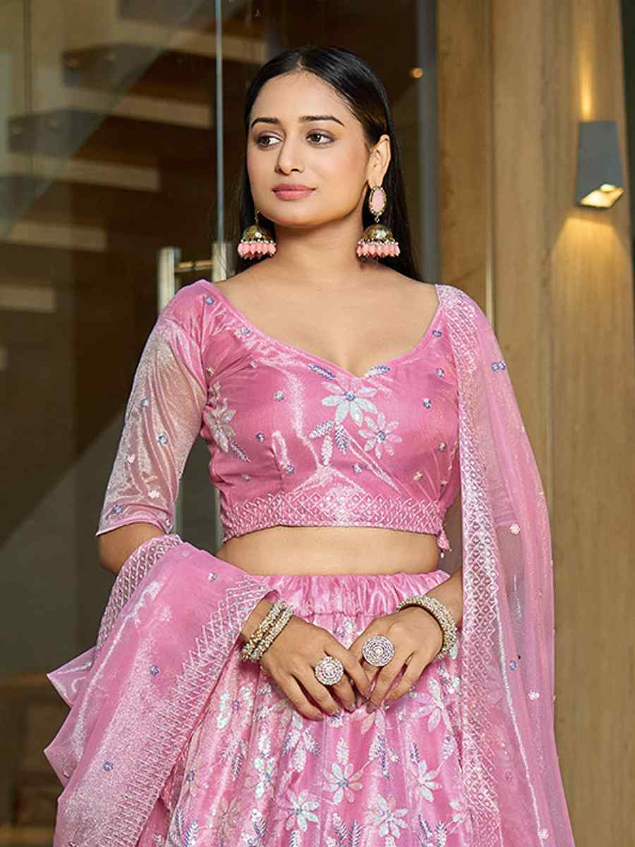 Pink Georgette Embroidered Wedding Party Wear Heavy Border Lehenga Choli