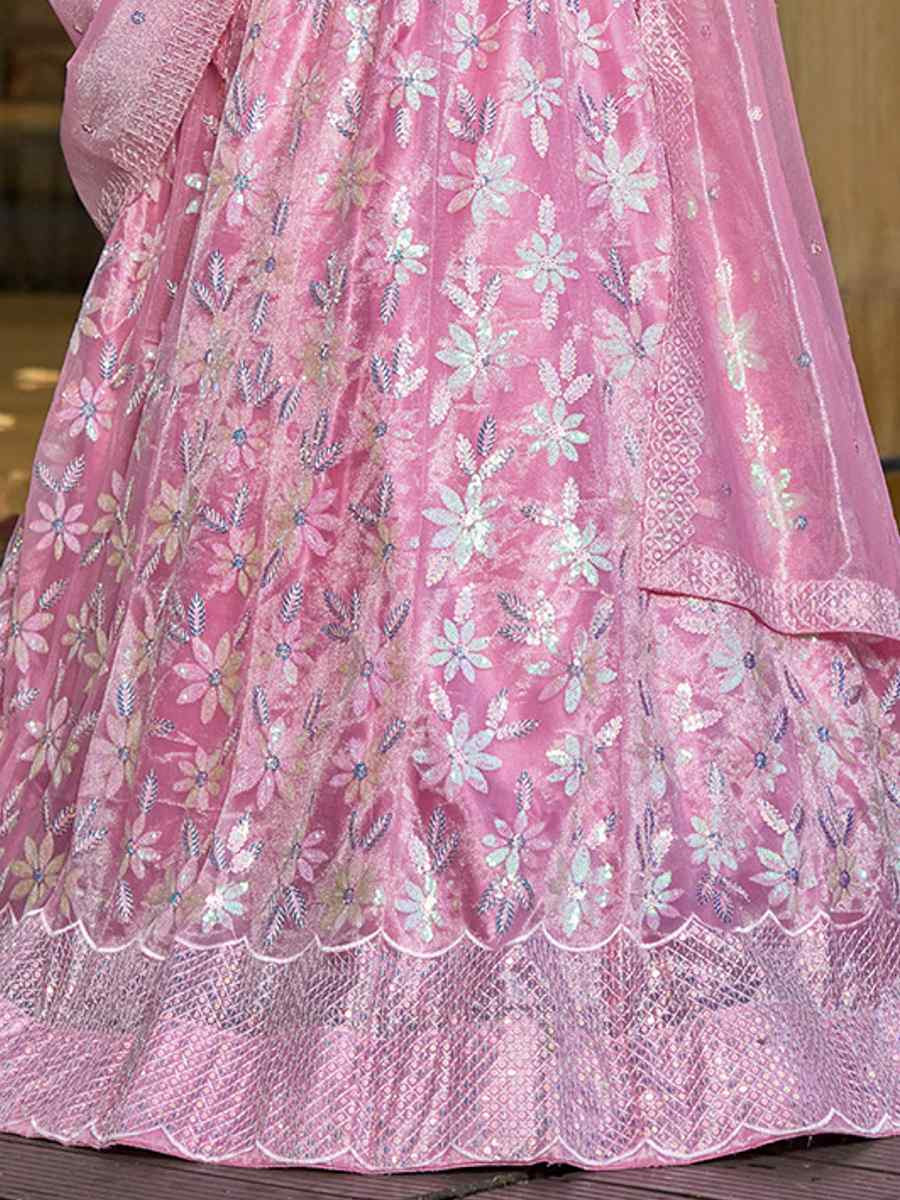 Pink Georgette Embroidered Wedding Party Wear Heavy Border Lehenga Choli