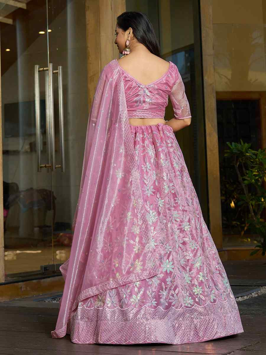 Pink Georgette Embroidered Wedding Party Wear Heavy Border Lehenga Choli