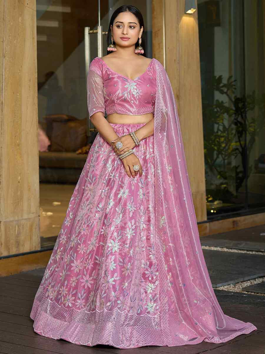 Pink Georgette Embroidered Wedding Party Wear Heavy Border Lehenga Choli