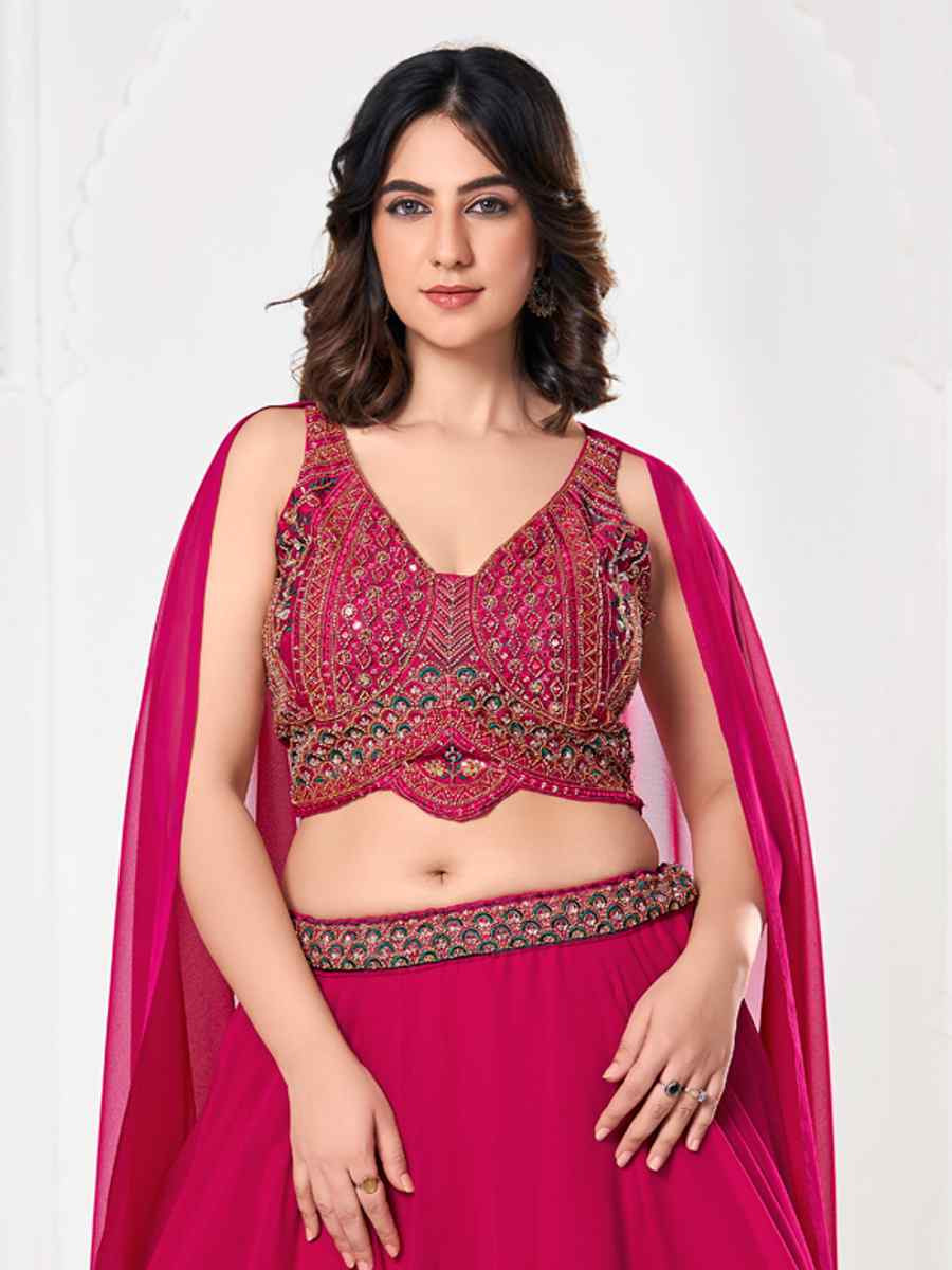 Pink Georgette Embroidered Wedding Party Wear Heavy Border Lehenga Choli