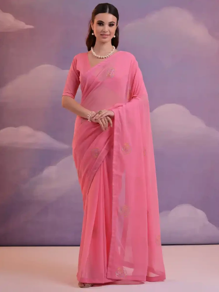 Pink Georgette Handwoven Festival Casual Classic Style Saree