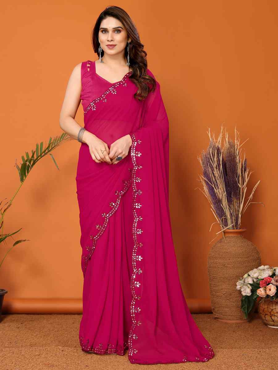 Pink Georgette Handwoven Festival Wedding Heavy Border Saree