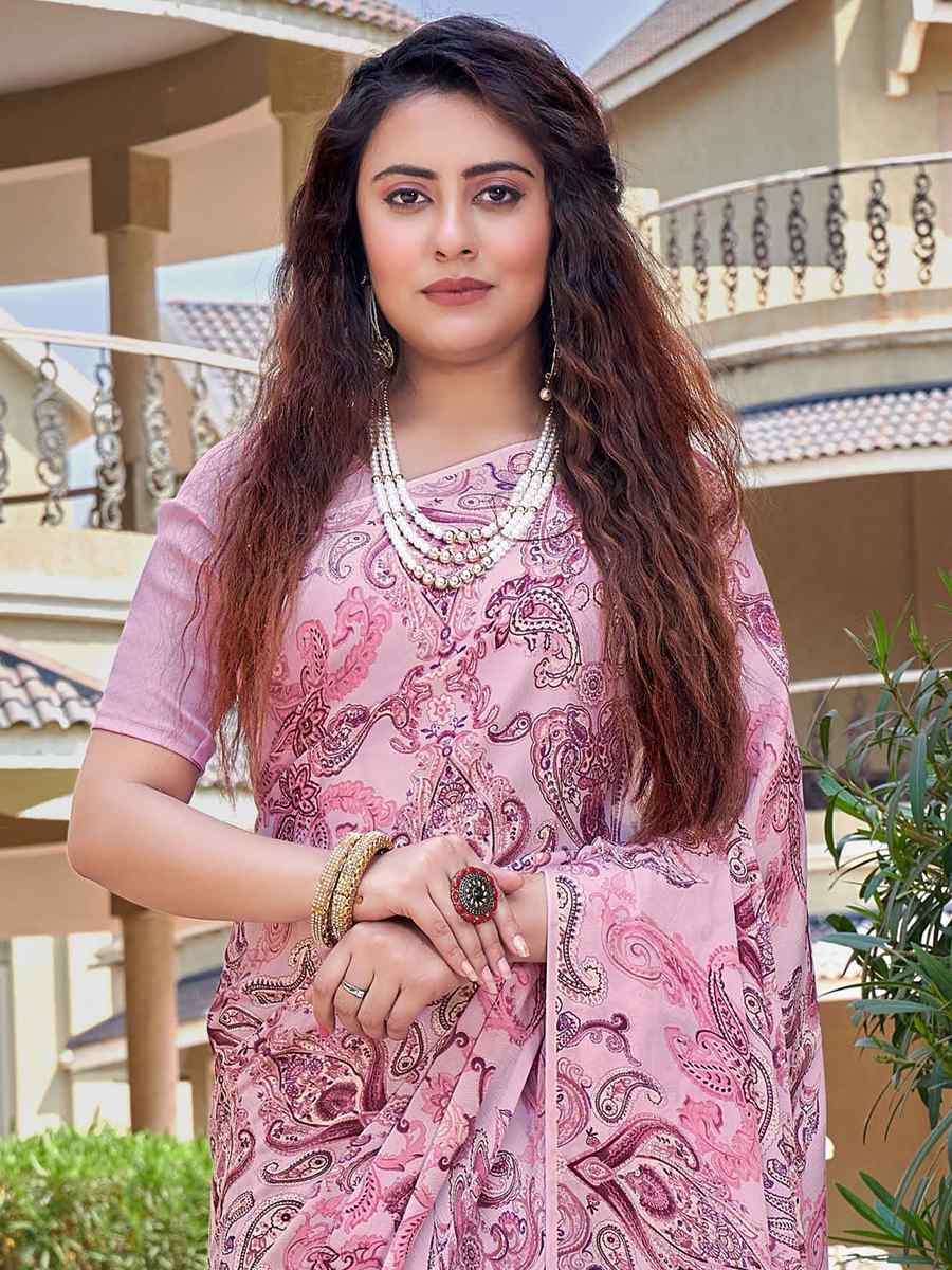 Pink Georgette Printed Casual Festival Contemporary Saree