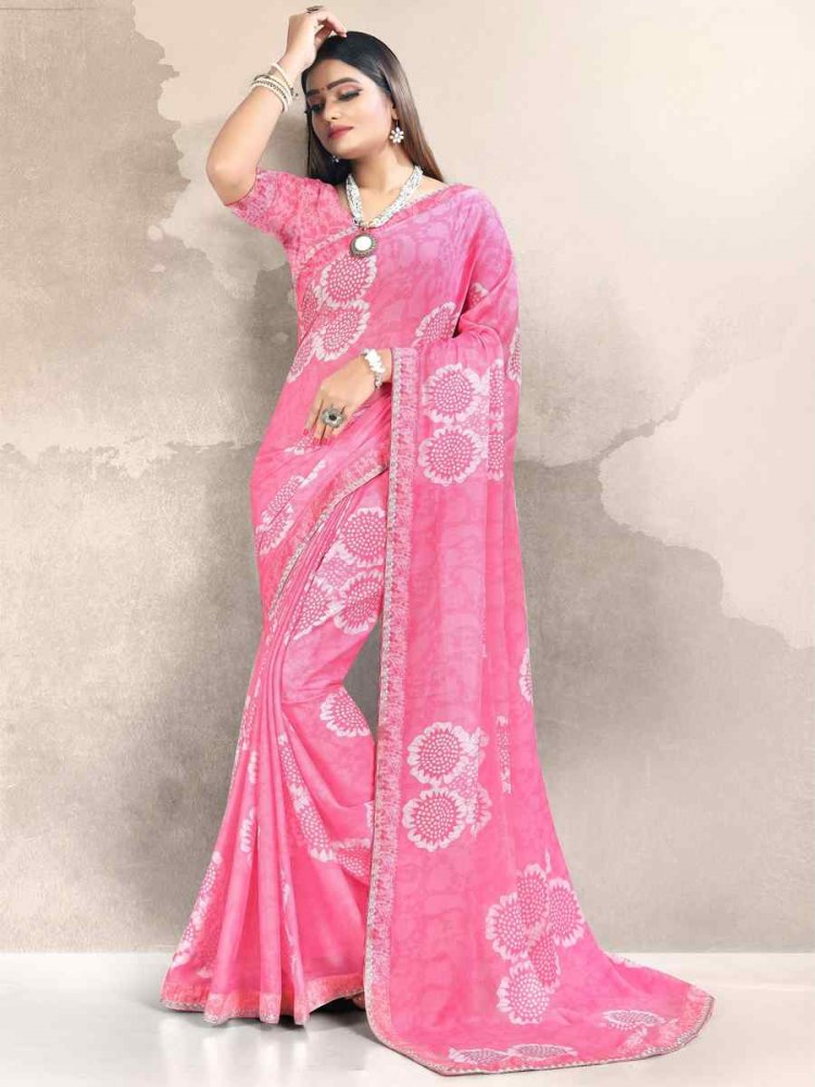 Pink Georgette Printed Festival Casual Contemporary Saree
