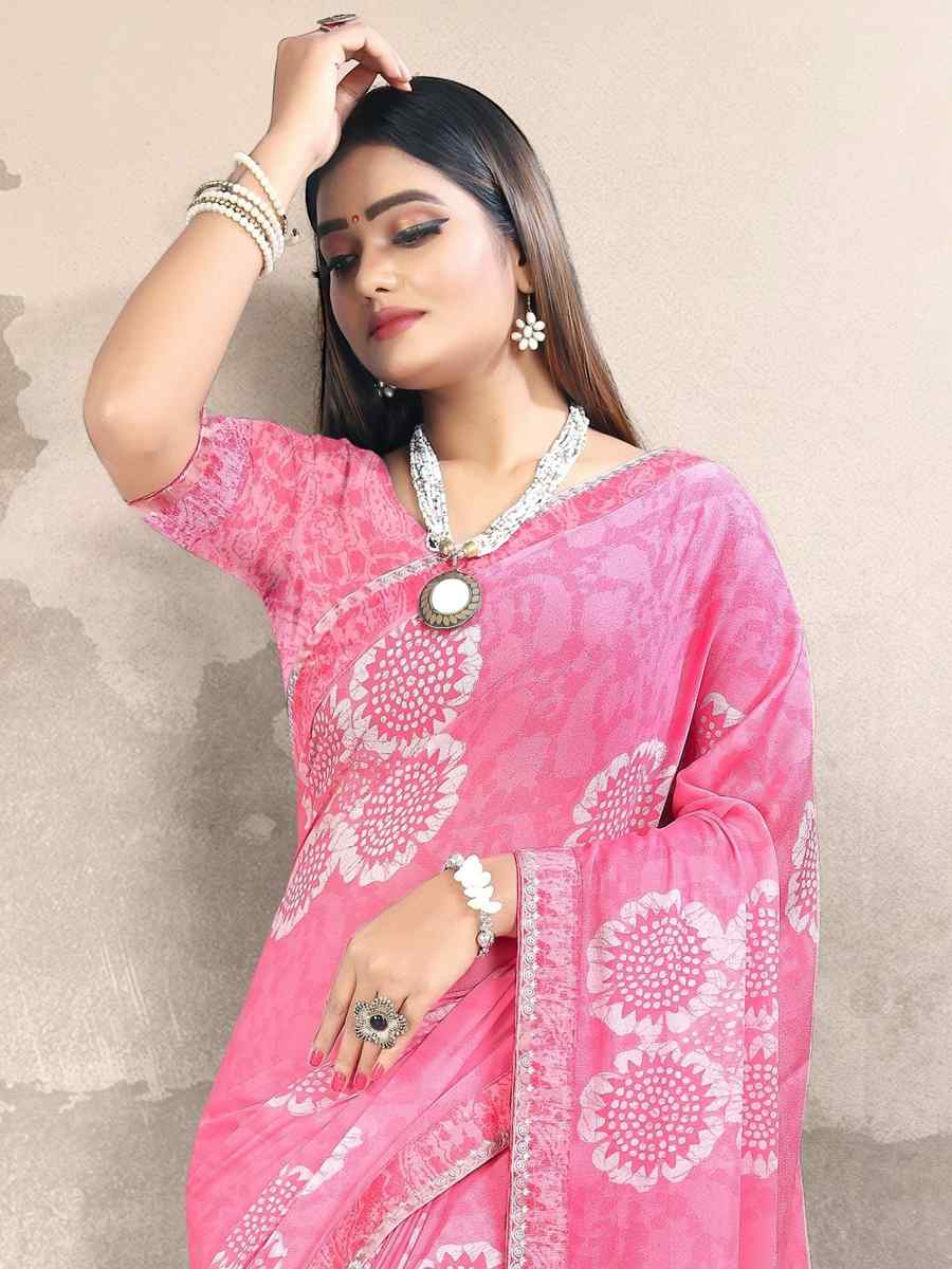 Pink Georgette Printed Festival Casual Contemporary Saree